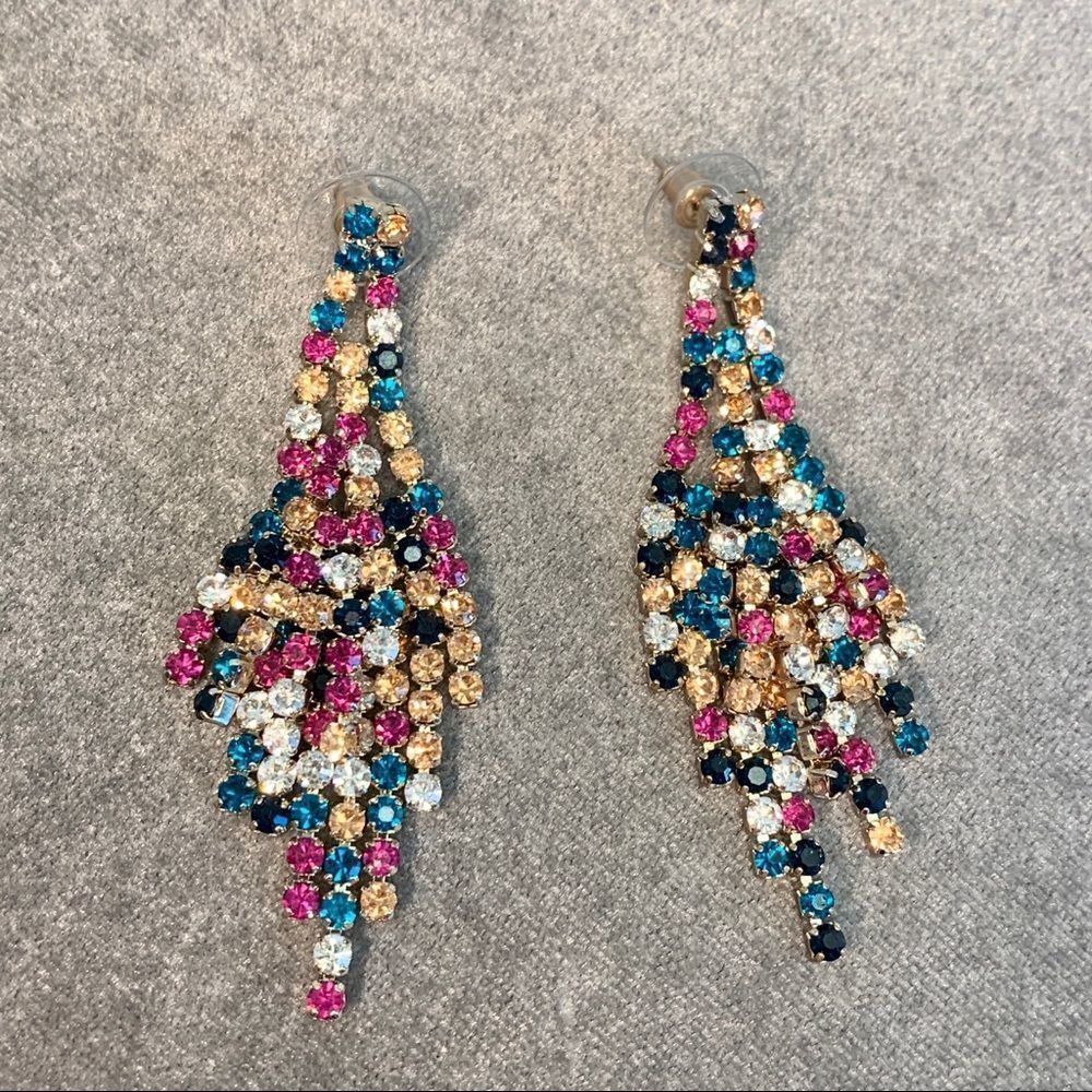Multicoloured rhinestone dangling chandelier earrings Vegas formal wedding prom